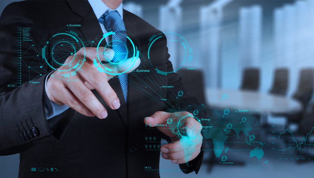 Businessman interacting with futuristic smart board