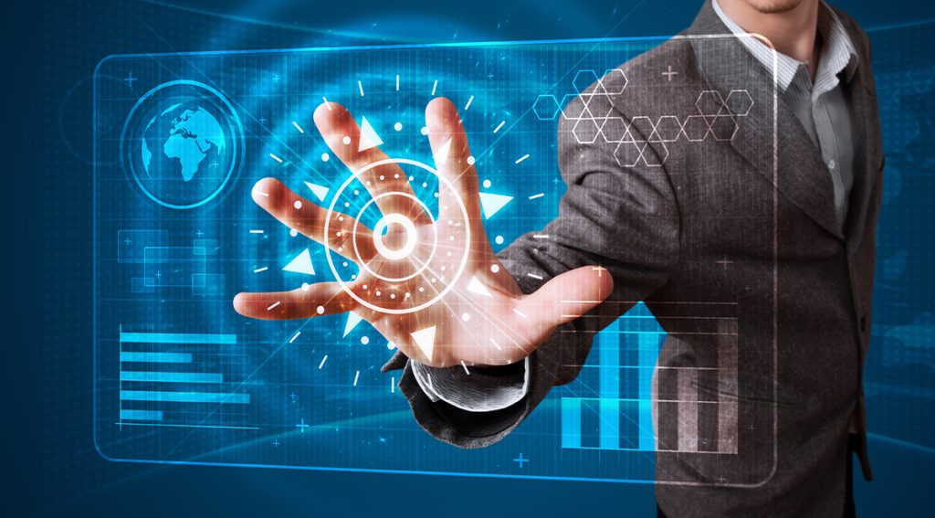 Man putting hand to smart screen